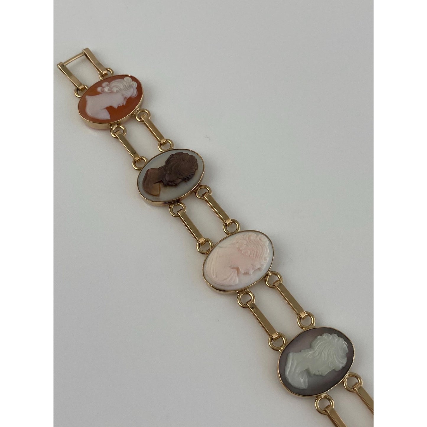Solid 14k Yellow Gold Carved Abalone Mother of Pearl Cameo Link Bracelet - 7.25 inches
