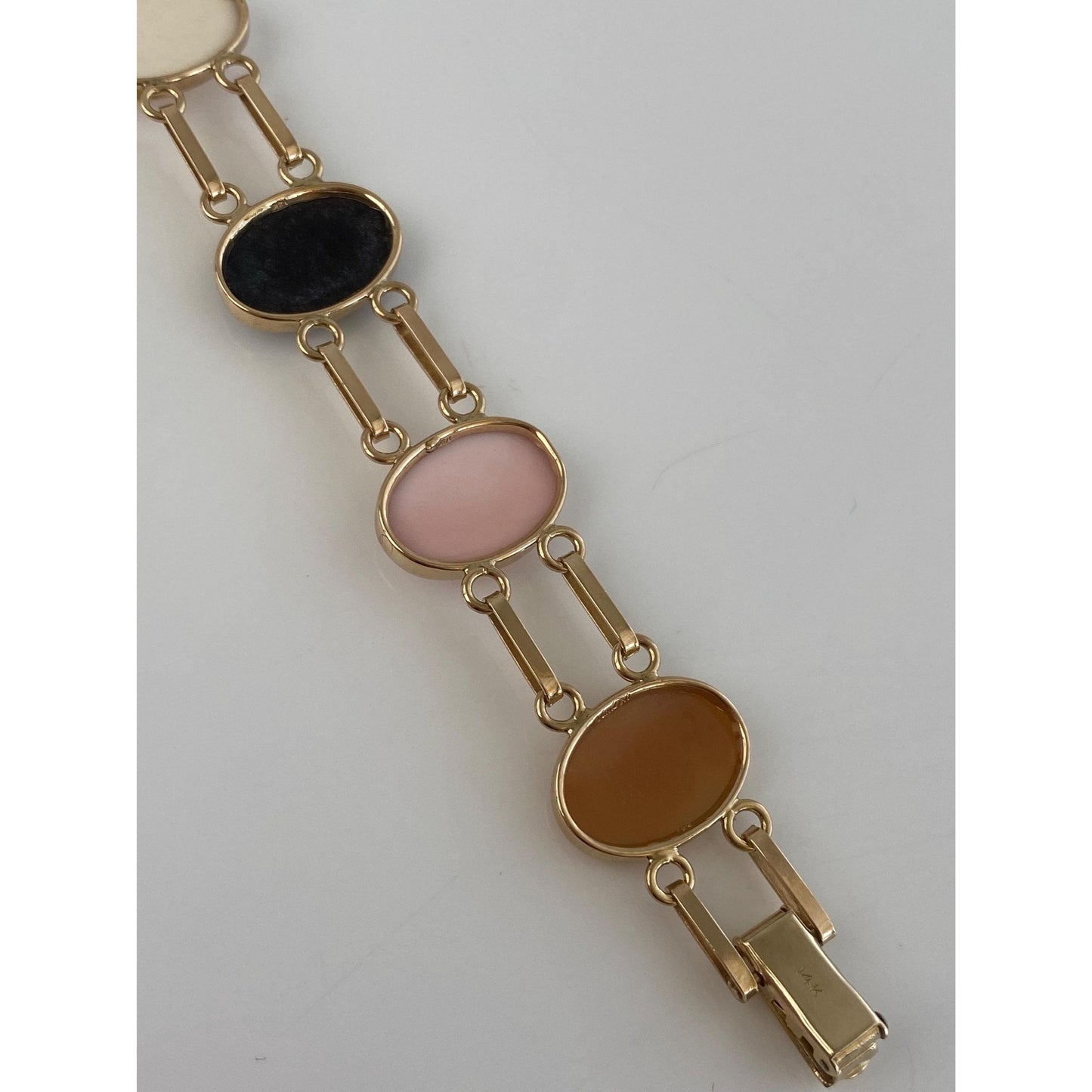 Solid 14k Yellow Gold Carved Abalone Mother of Pearl Cameo Link Bracelet - 7.25 inches