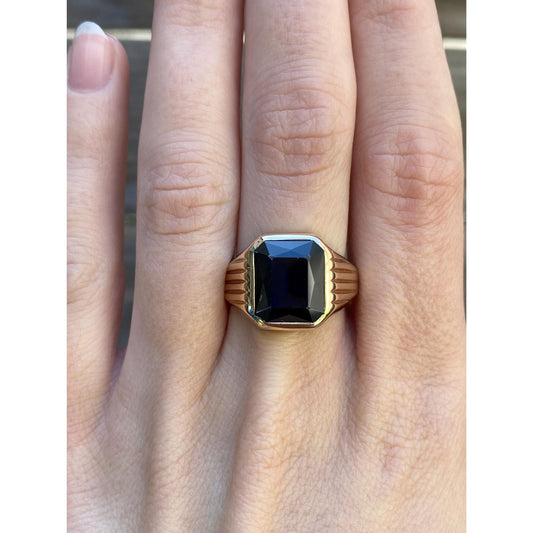 Vintage Solid 10k Yellow Gold Blue Sapphire Signet Ring - Size 8.25