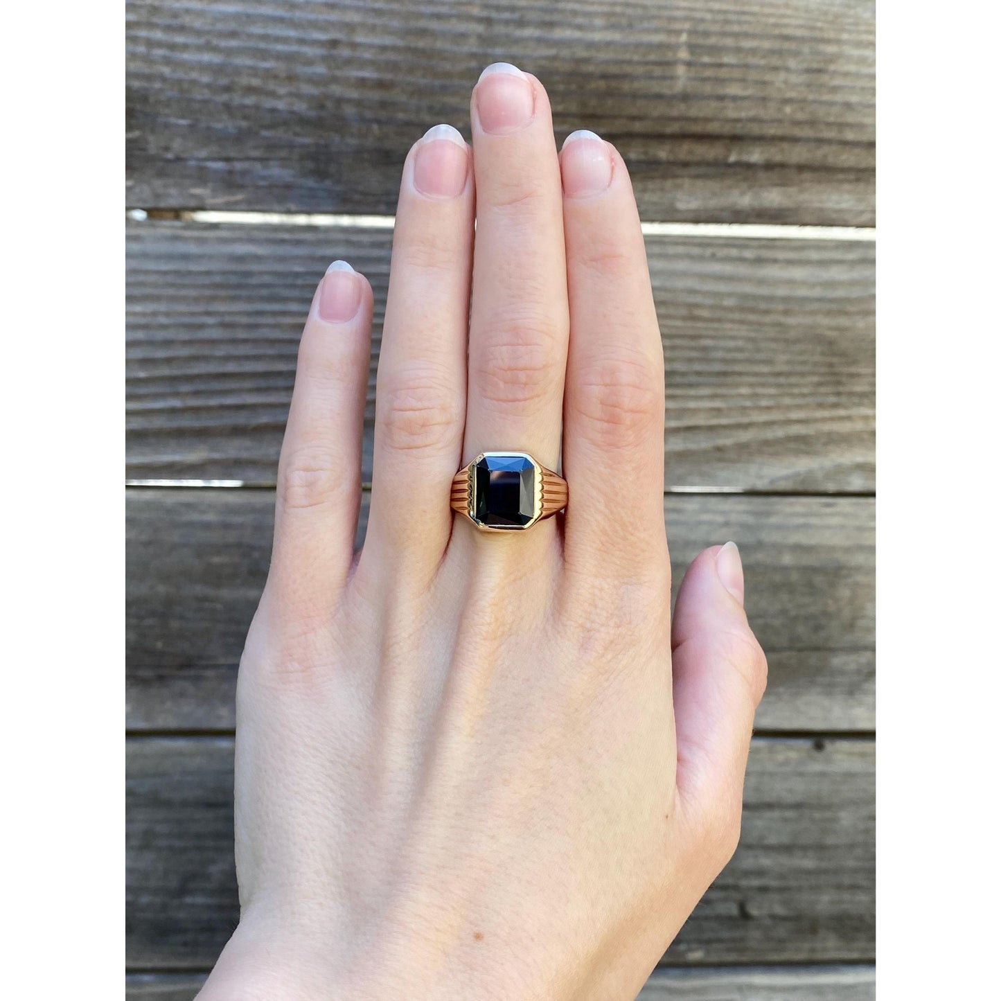 Vintage Solid 10k Yellow Gold Blue Sapphire Signet Ring - Size 8.25