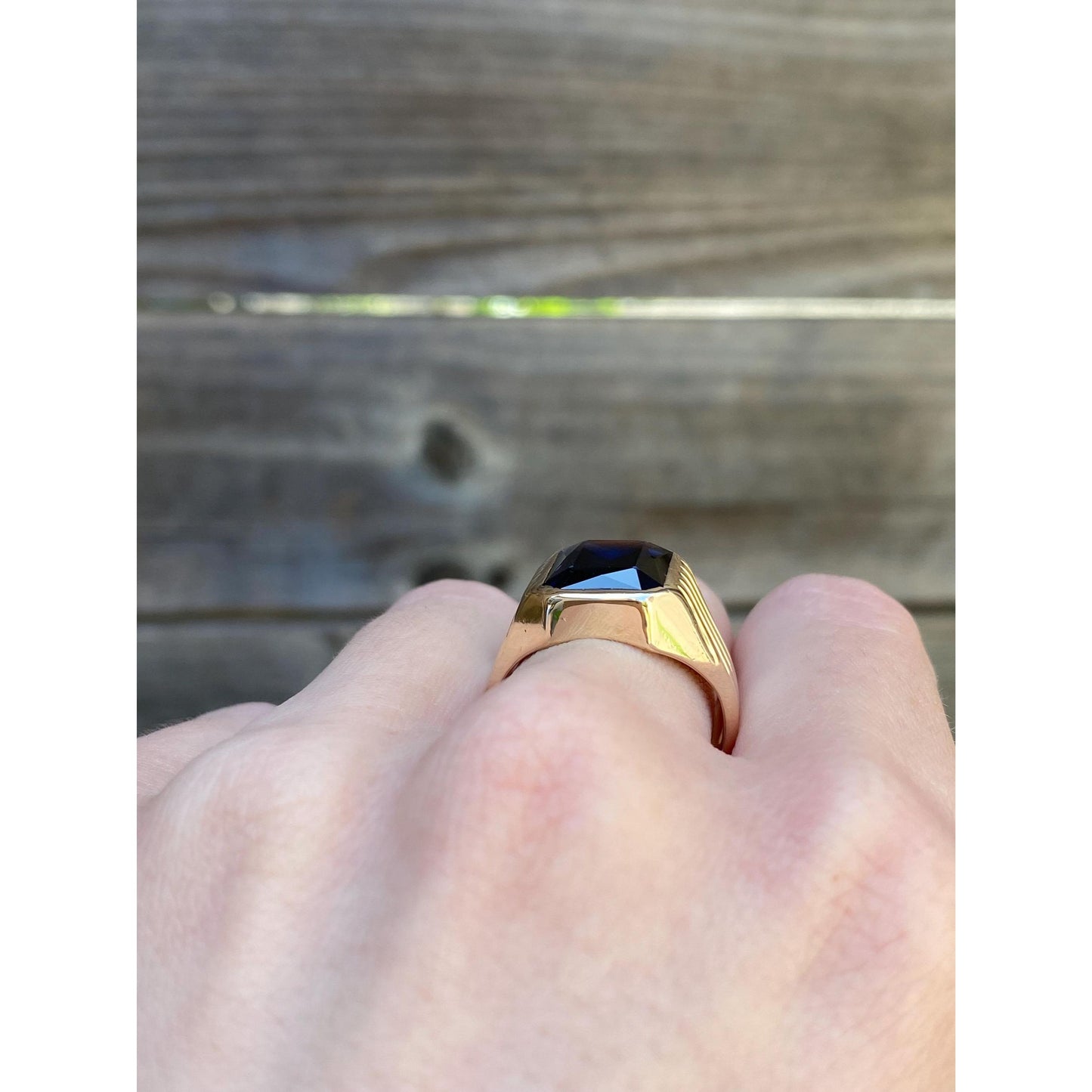 Vintage Solid 10k Yellow Gold Blue Sapphire Signet Ring - Size 8.25