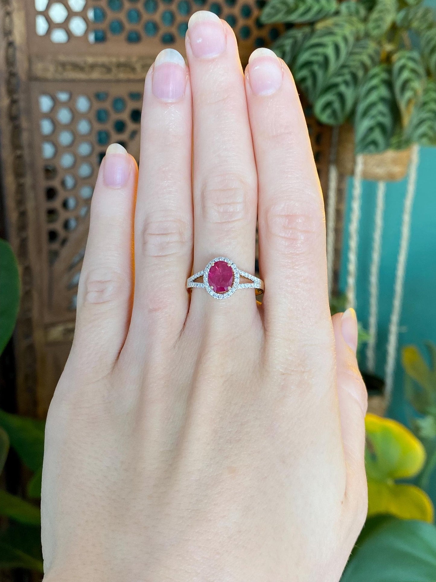 Vintage Solid 14k Yellow Gold Diamond Halo Ruby Ring - Size 9