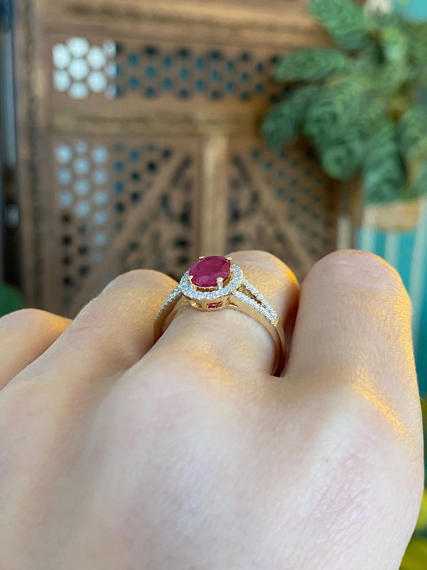 Vintage Solid 14k Yellow Gold Diamond Halo Ruby Ring - Size 9