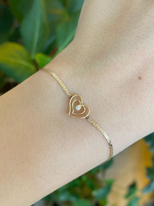 Vintage Solid 14k Yellow Gold Diamond Heart Dainty C Link Chain Bracelet - 6.75 inches