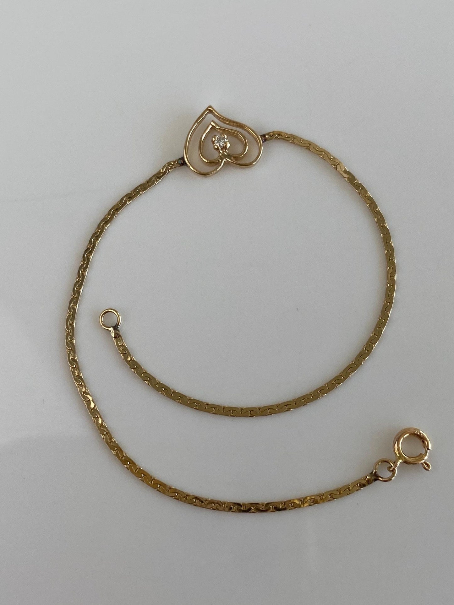 Vintage Solid 14k Yellow Gold Diamond Heart Dainty C Link Chain Bracelet - 6.75 inches