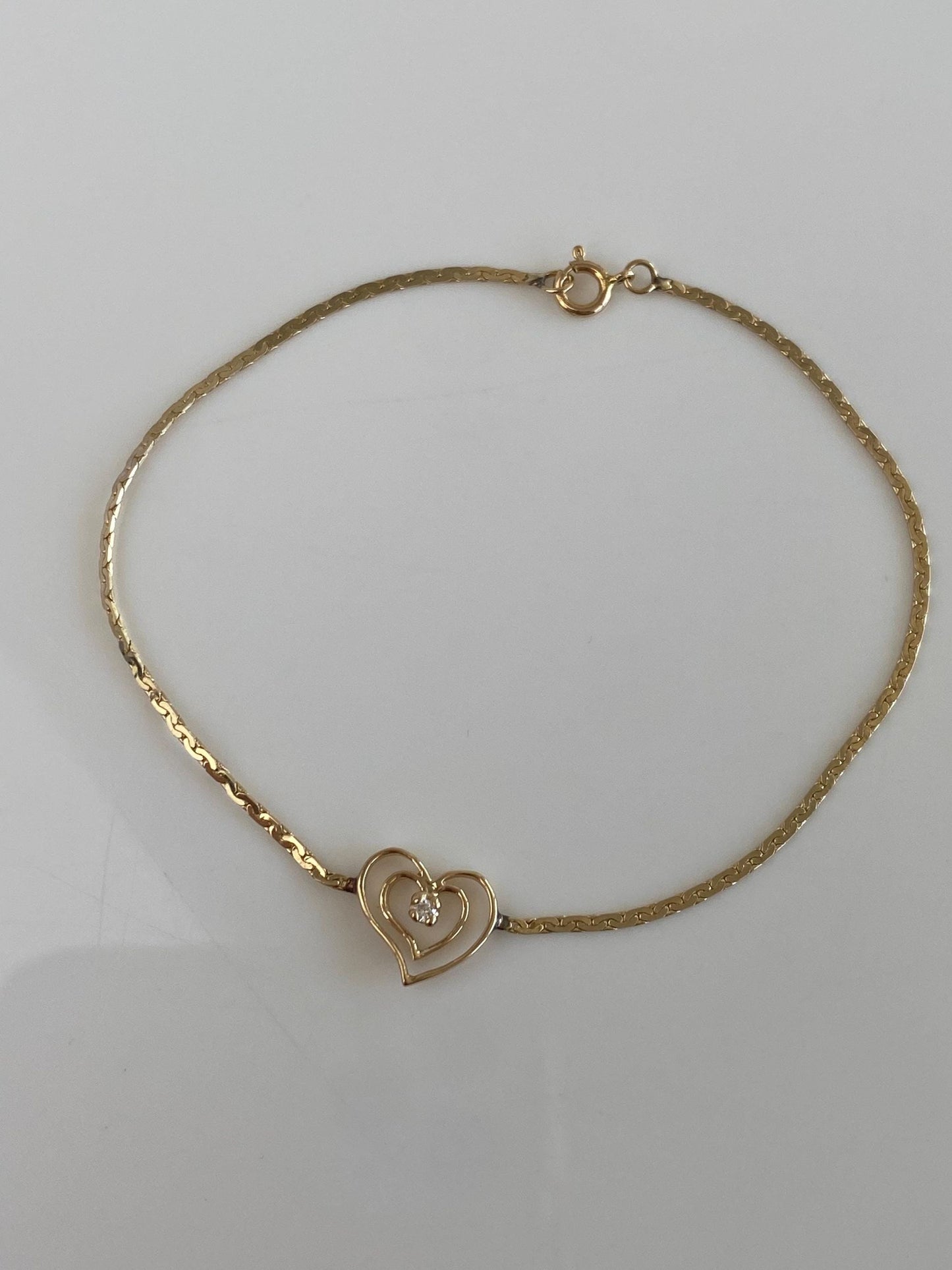 Vintage Solid 14k Yellow Gold Diamond Heart Dainty C Link Chain Bracelet - 6.75 inches