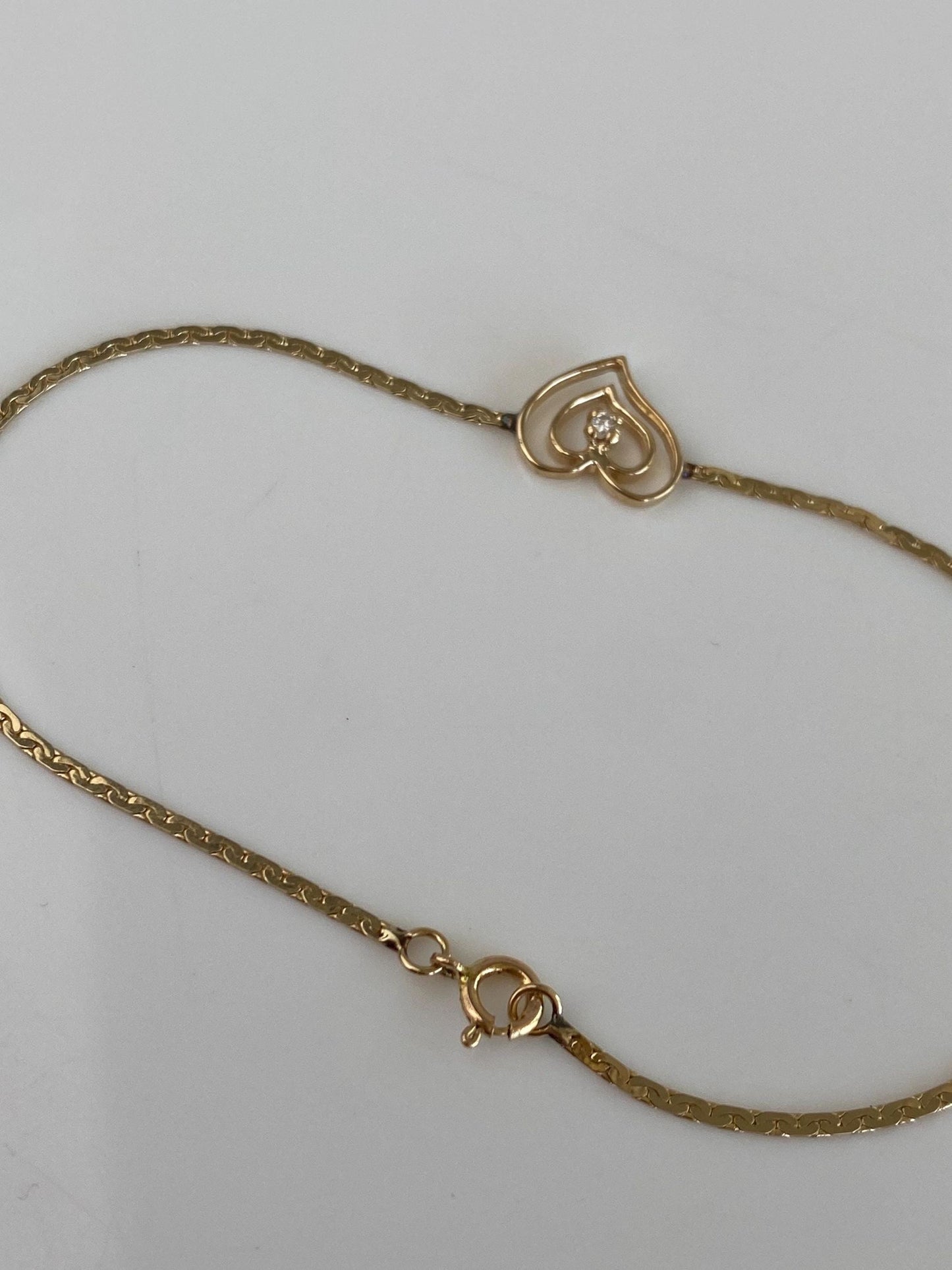 Vintage Solid 14k Yellow Gold Diamond Heart Dainty C Link Chain Bracelet - 6.75 inches