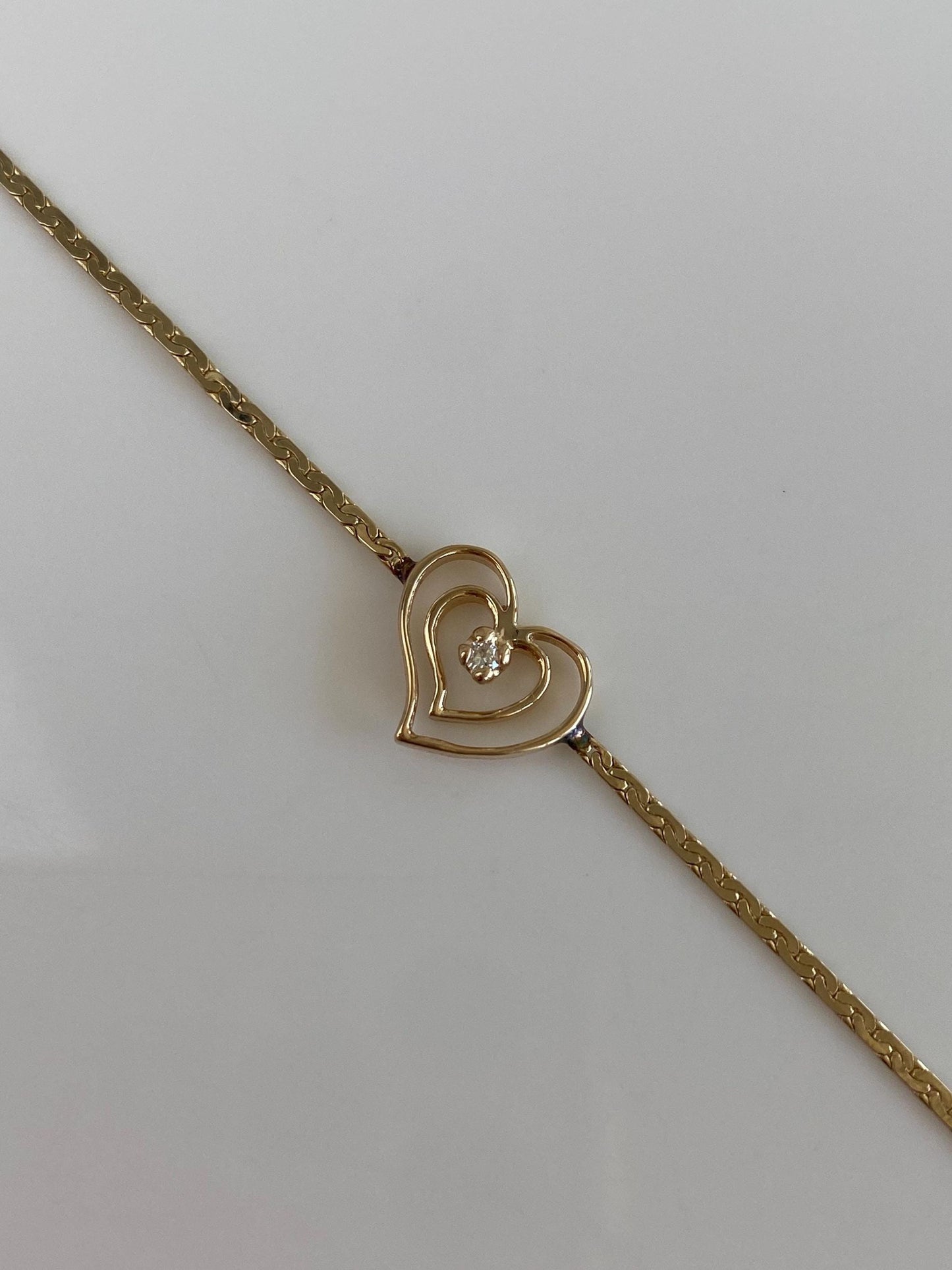 Vintage Solid 14k Yellow Gold Diamond Heart Dainty C Link Chain Bracelet - 6.75 inches