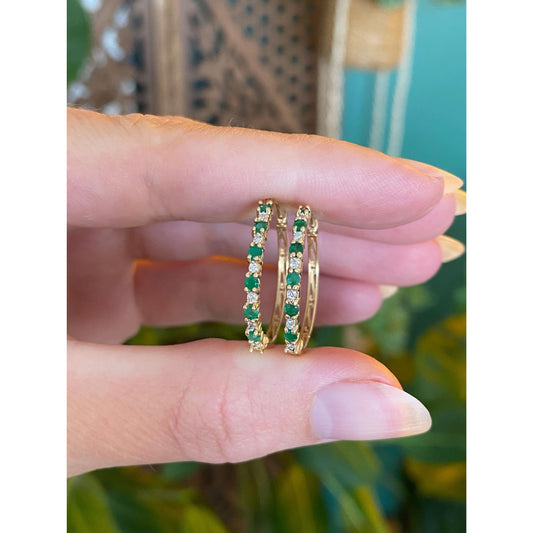 Vintage 14k Yellow Gold Emerald Clear Sapphire Hoop Earrings