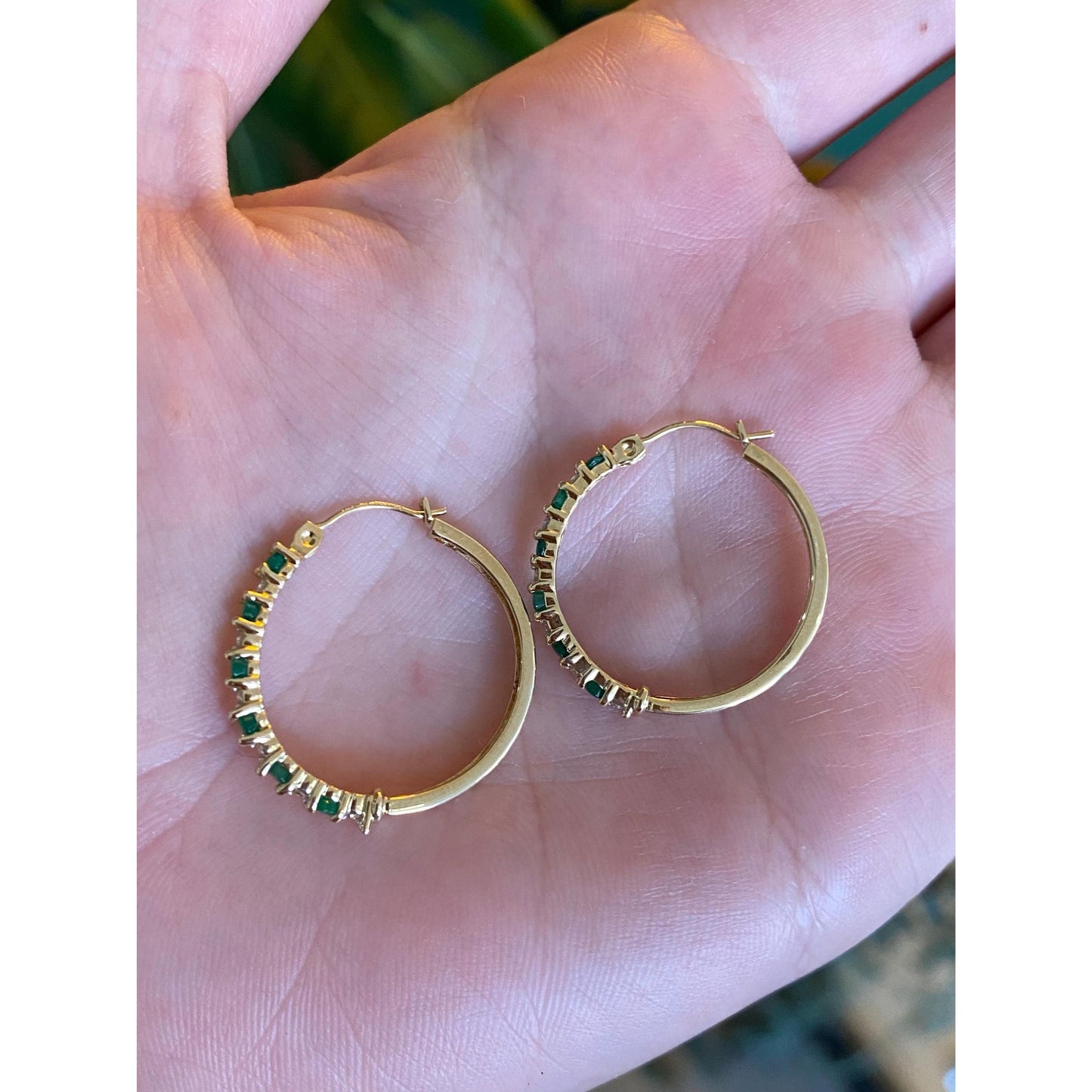Vintage 14k Yellow Gold Emerald Clear Sapphire Hoop Earrings