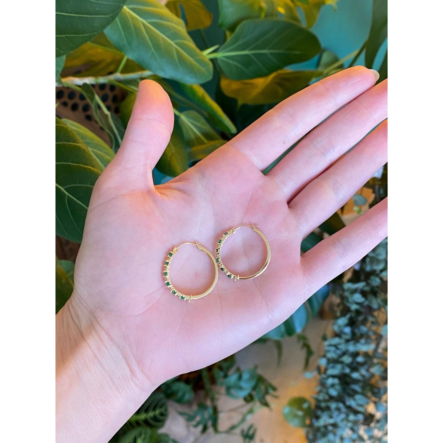 Vintage 14k Yellow Gold Emerald Clear Sapphire Hoop Earrings