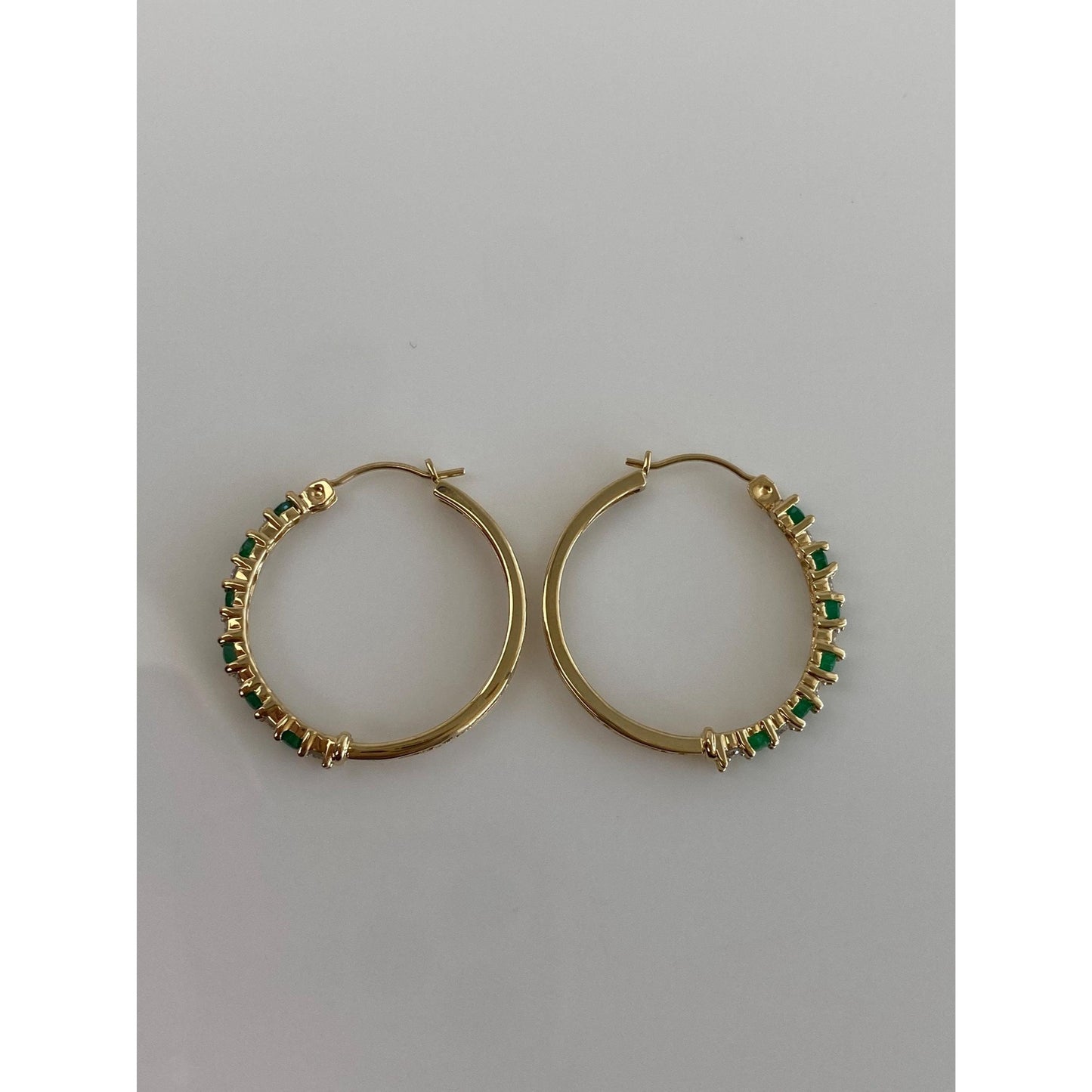 Vintage 14k Yellow Gold Emerald Clear Sapphire Hoop Earrings