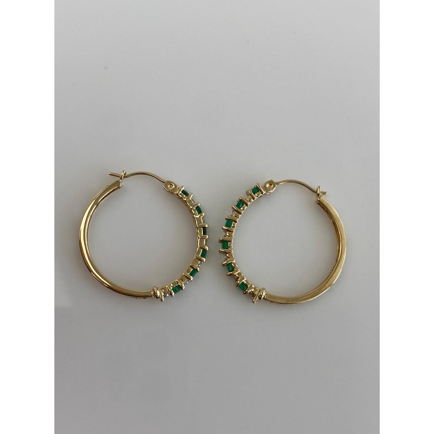 Vintage 14k Yellow Gold Emerald Clear Sapphire Hoop Earrings