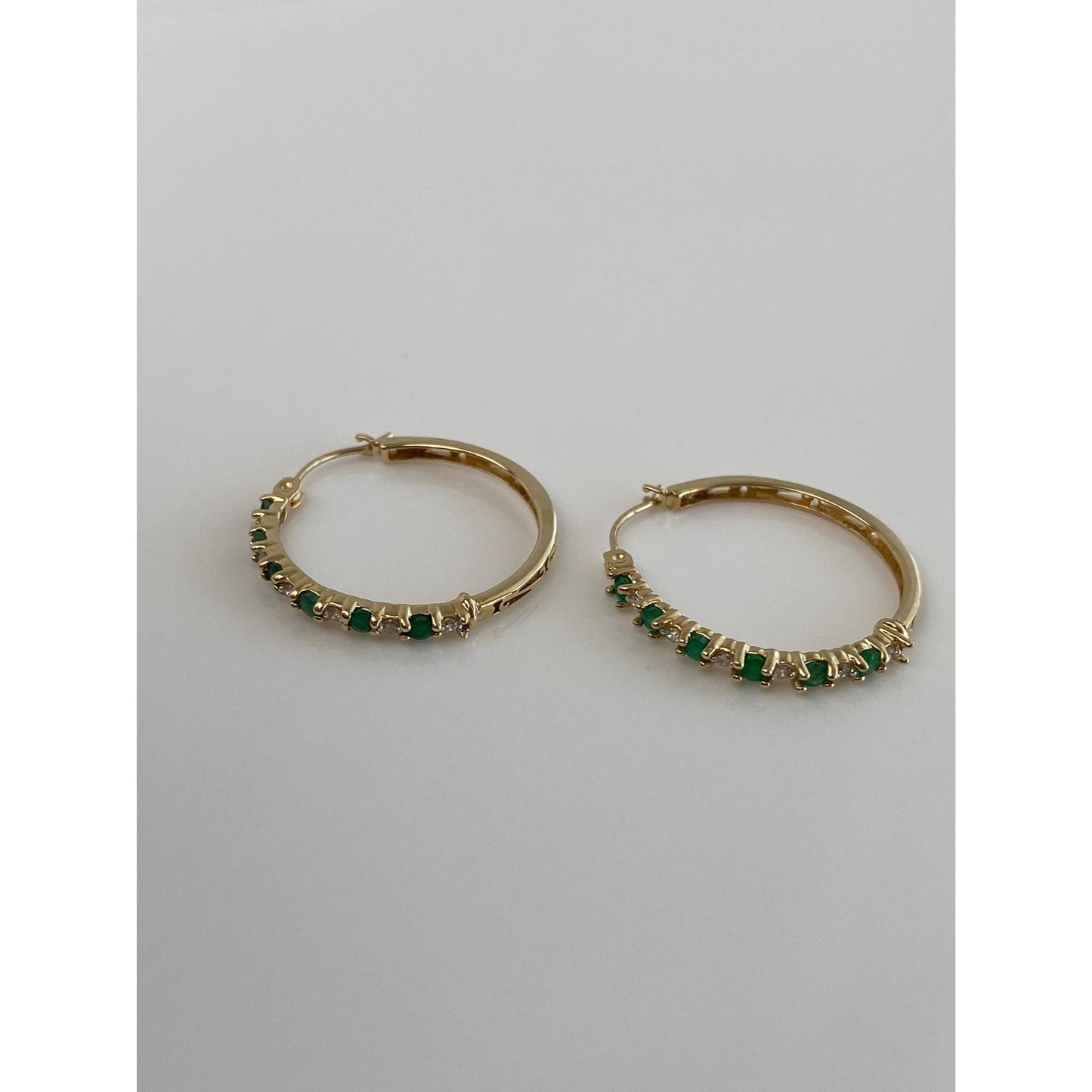 Vintage 14k Yellow Gold Emerald Clear Sapphire Hoop Earrings