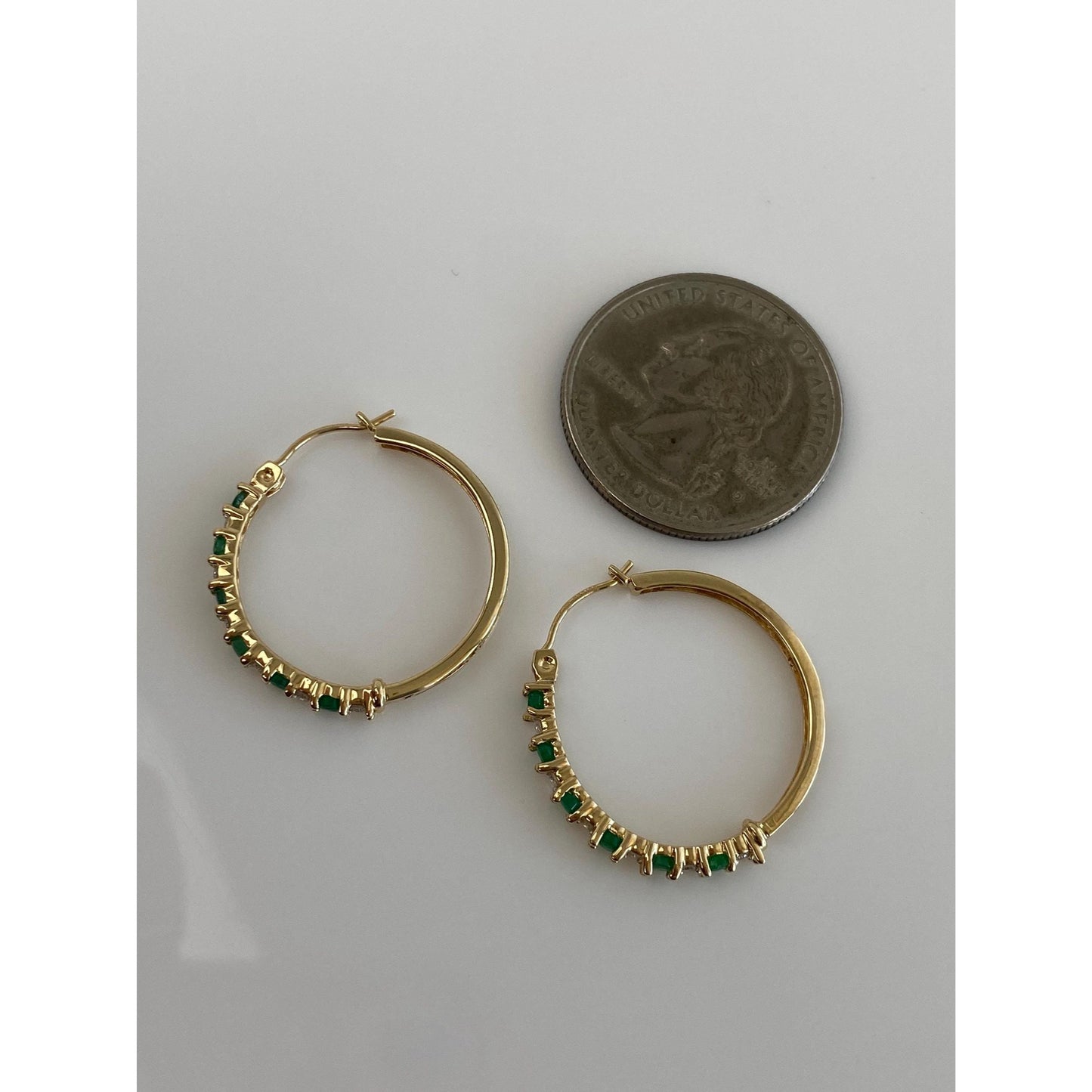 Vintage 14k Yellow Gold Emerald Clear Sapphire Hoop Earrings