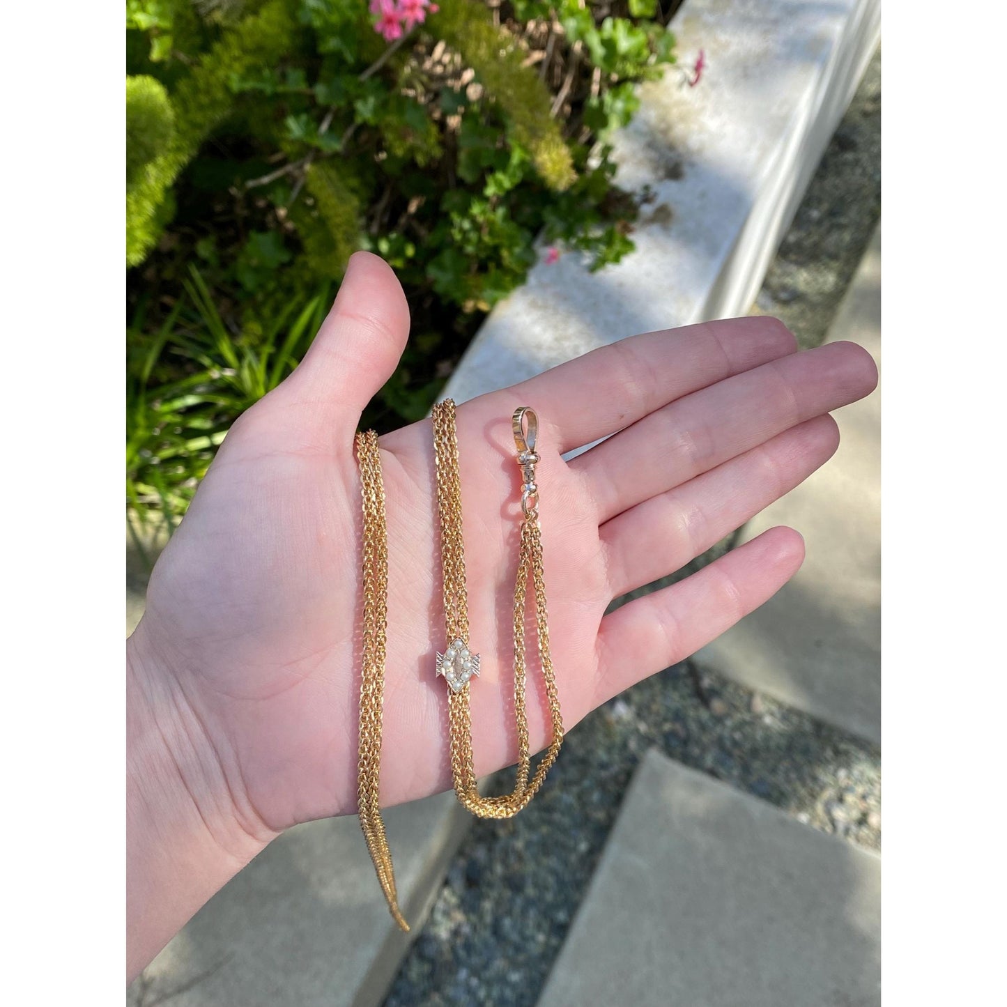 Vintage Solid 14k Yellow Gold Pearl Fancy Link Charm Holder Necklace - 50.5 inches