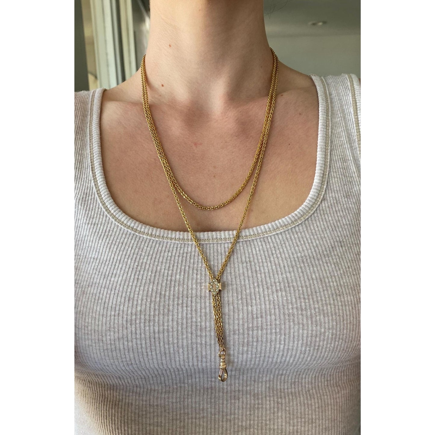 Vintage Solid 14k Yellow Gold Pearl Fancy Link Charm Holder Necklace - 50.5 inches