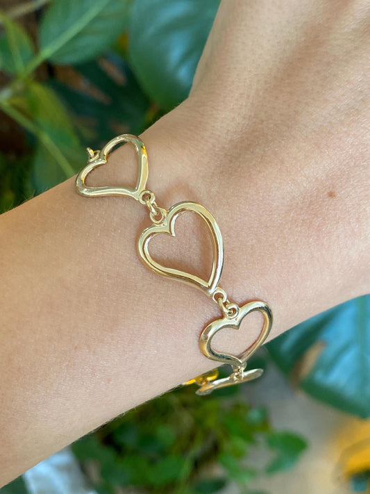 Vintage Solid 14k Yellow Gold Open Heart Link Bracelet - 7 inches