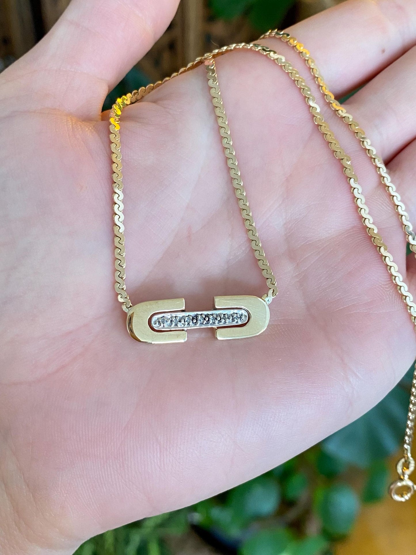 Vintage Solid 14k White & Yellow Gold Diamond Serpentine Chain Necklace - 16 inches