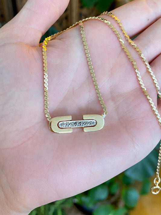 Vintage Solid 14k White & Yellow Gold Diamond Serpentine Chain Necklace - 16 inches