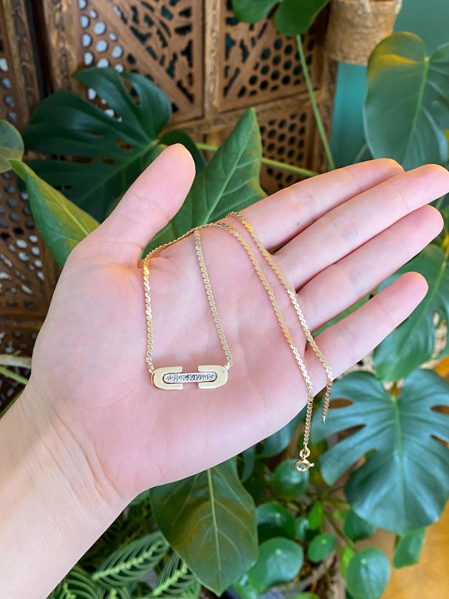 Vintage Solid 14k White & Yellow Gold Diamond Serpentine Chain Necklace - 16 inches