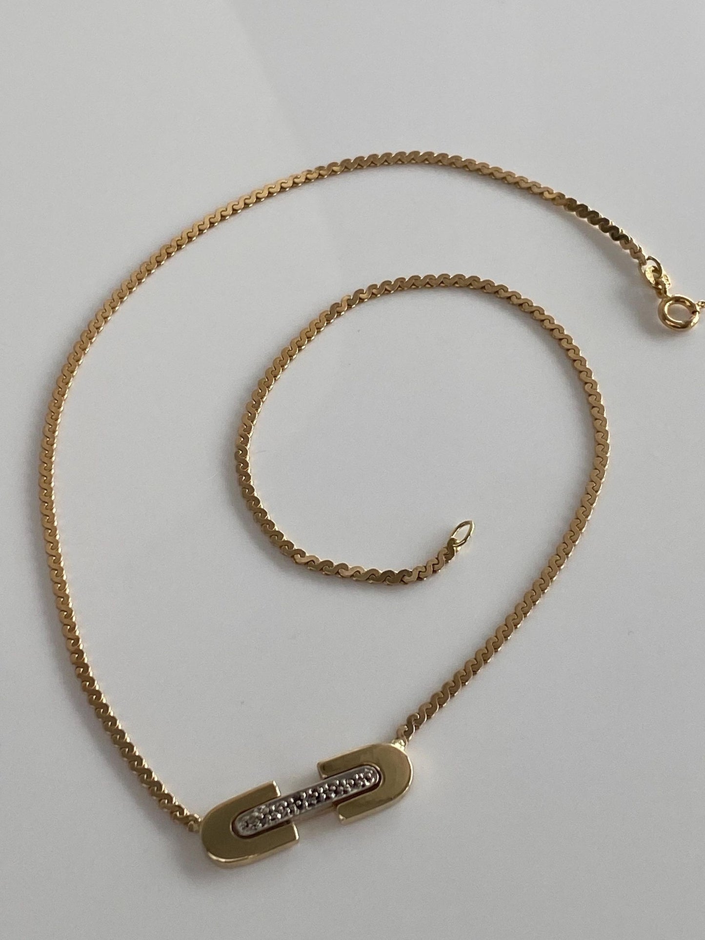 Vintage Solid 14k White & Yellow Gold Diamond Serpentine Chain Necklace - 16 inches