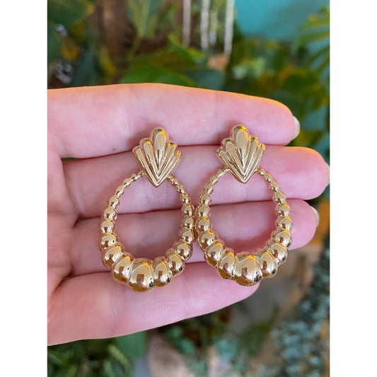 Vintage 14k Yellow Gold Fluted Scalloped Hoop Dangle Stud Earrings