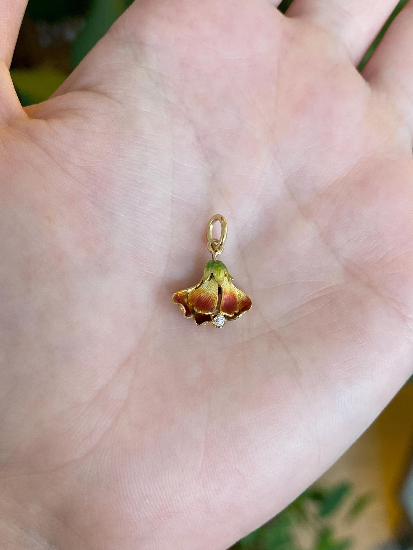 Vintage Solid 9k Yellow Gold Enamel Diamond Flower Stick Pin Conversion Charm