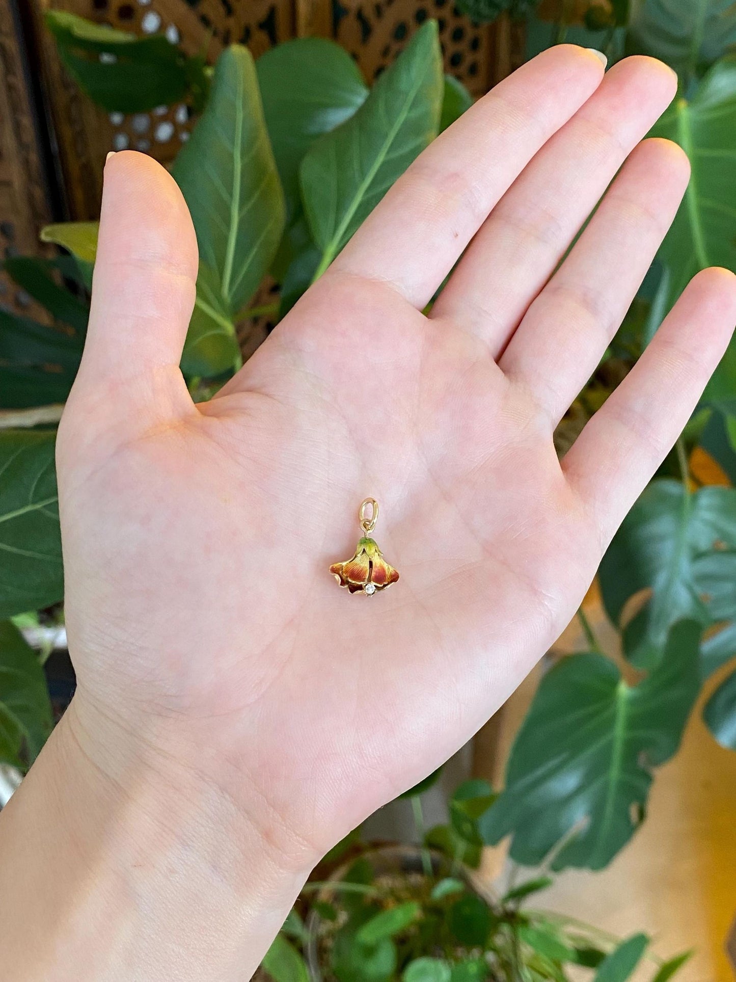 Vintage Solid 9k Yellow Gold Enamel Diamond Flower Stick Pin Conversion Charm
