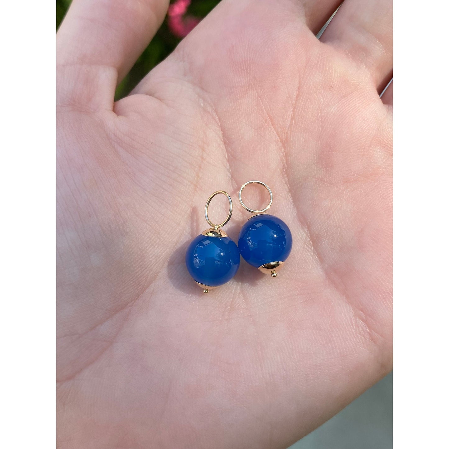 Vintage 14k Yellow Gold Blue Glass Hoop Charms