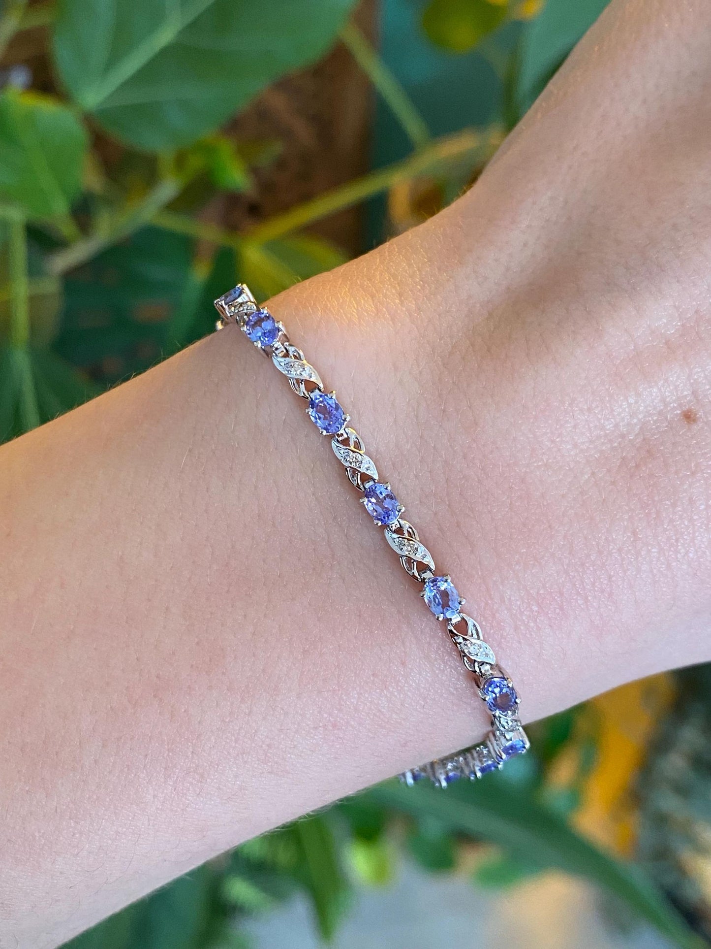 Vintage Solid 14k White Gold Diamond Tanzanite Link Bracelet - 7 inches