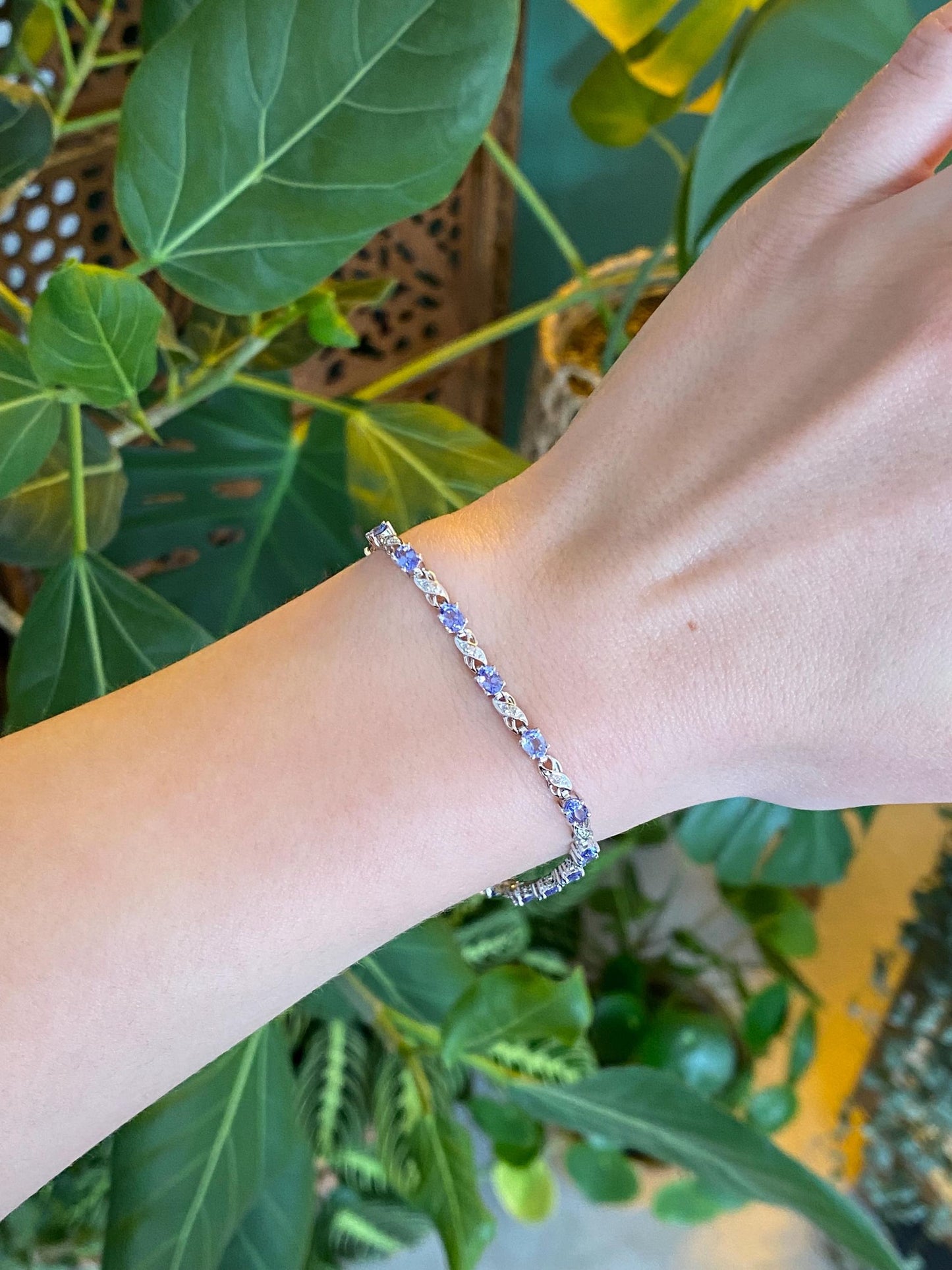 Vintage Solid 14k White Gold Diamond Tanzanite Link Bracelet - 7 inches