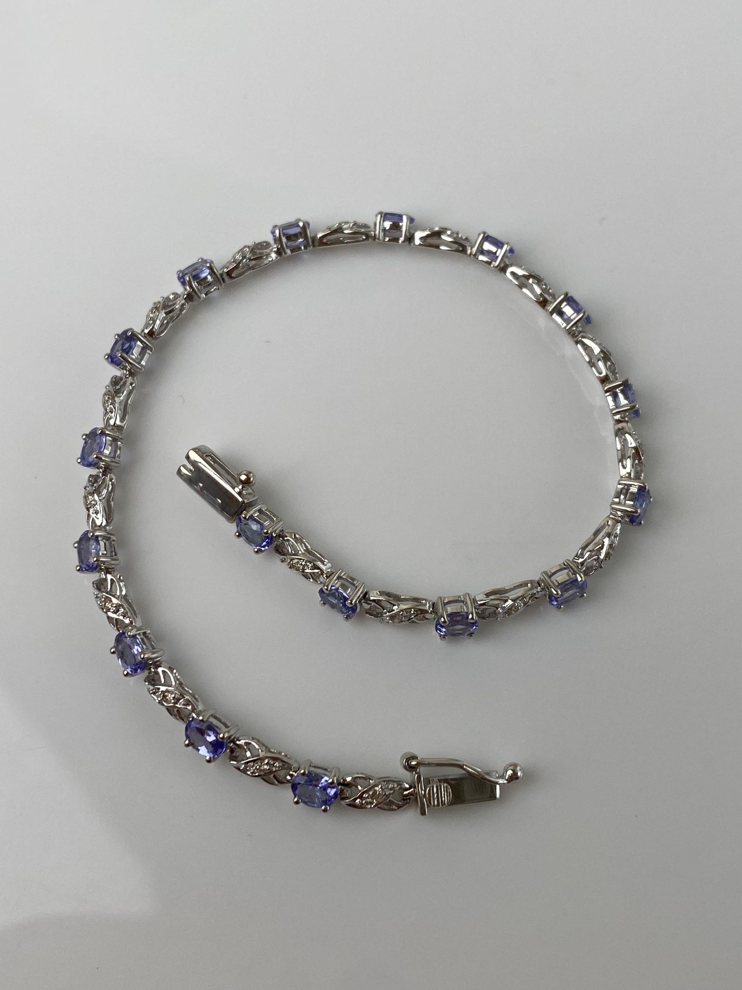 Vintage Solid 14k White Gold Diamond Tanzanite Link Bracelet - 7 inches