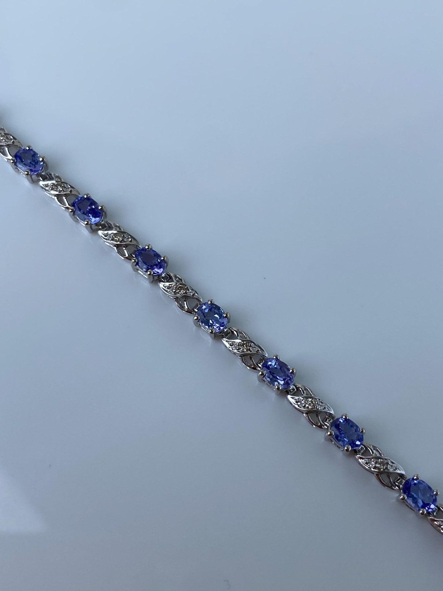 Vintage Solid 14k White Gold Diamond Tanzanite Link Bracelet - 7 inches