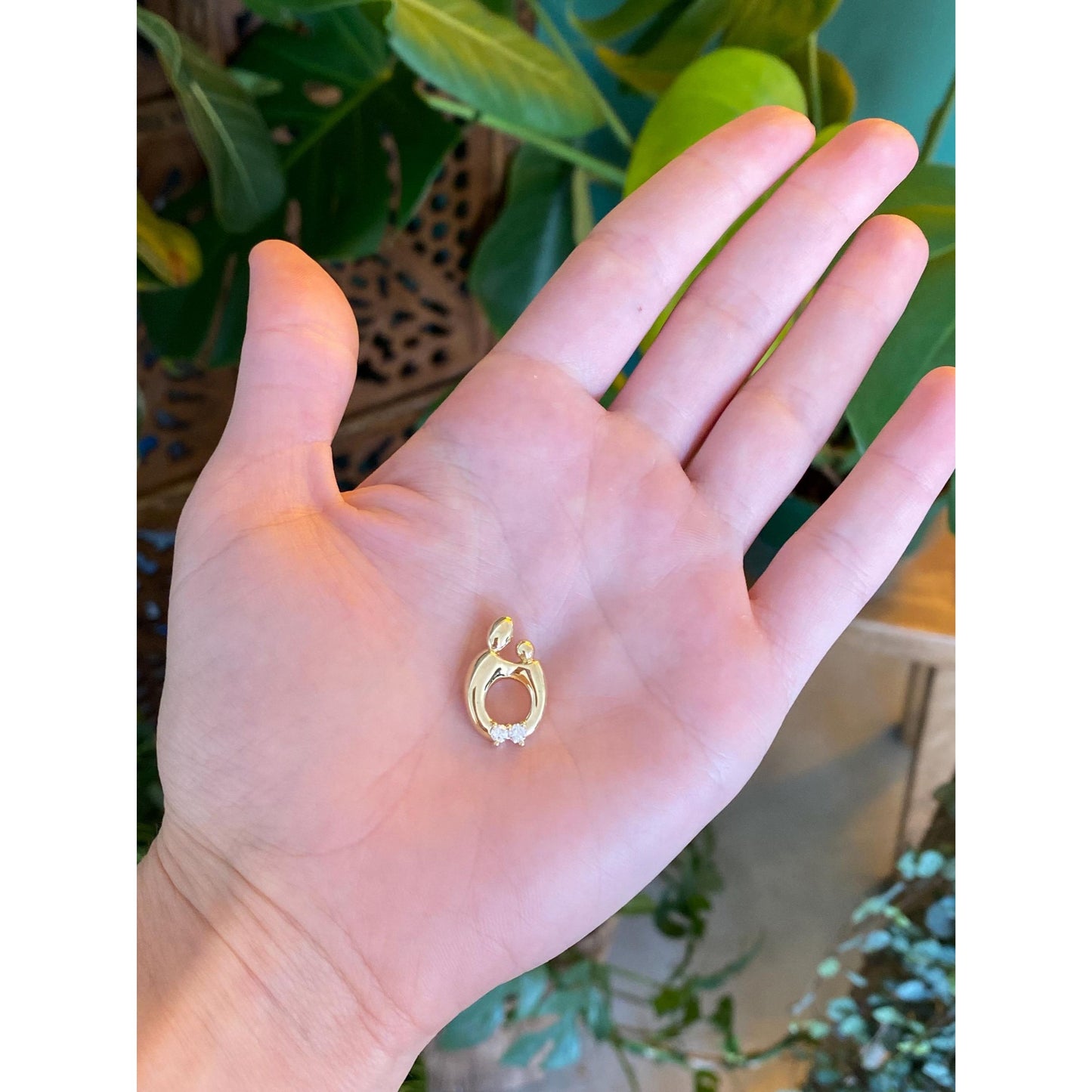 Solid 14k Yellow Gold Diamond Mother & Child Abstract Charm