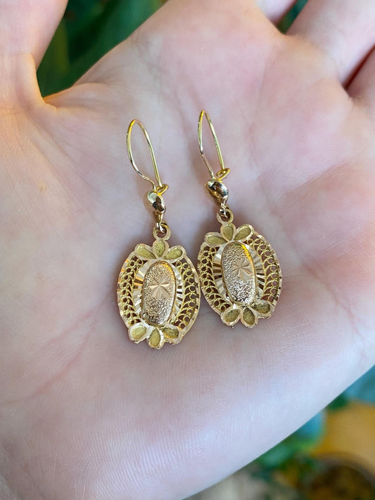 Vintage Solid 14k Rose & Yellow Gold Diamond Cut Dangle Earrings