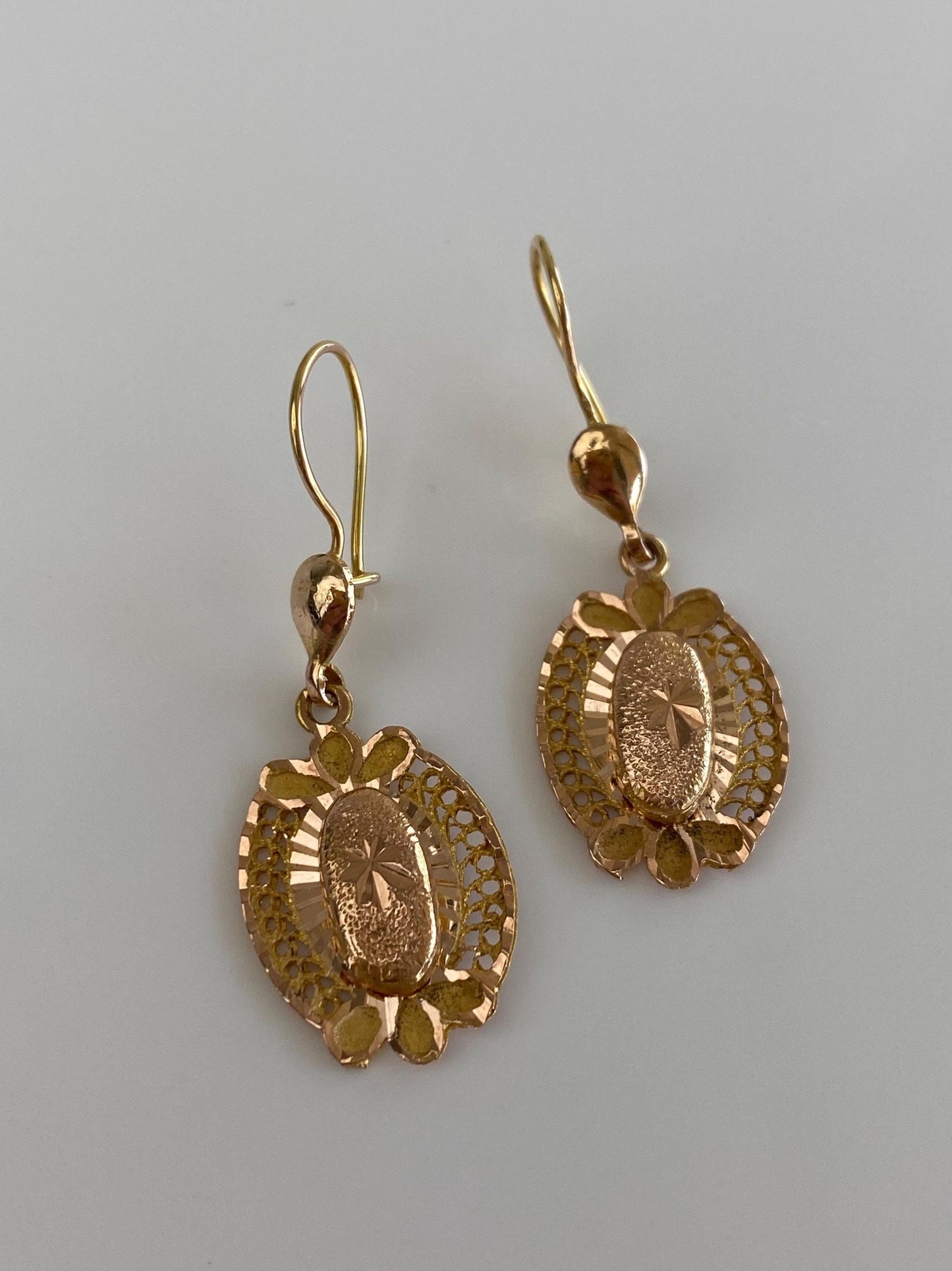Vintage Solid 14k Rose & Yellow Gold Diamond Cut Dangle Earrings