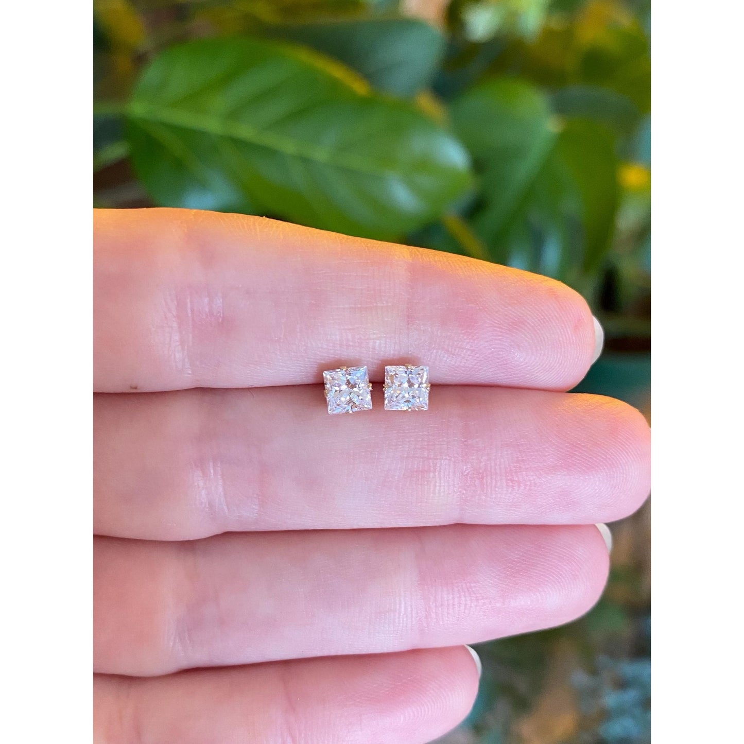 Solid 14k Yellow Gold Square Cubic Zirconia Stud Earrings