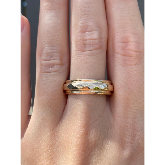 Vintage Solid 14k Yellow Gold Miligrain Faceted Ring Band - Size 10.75