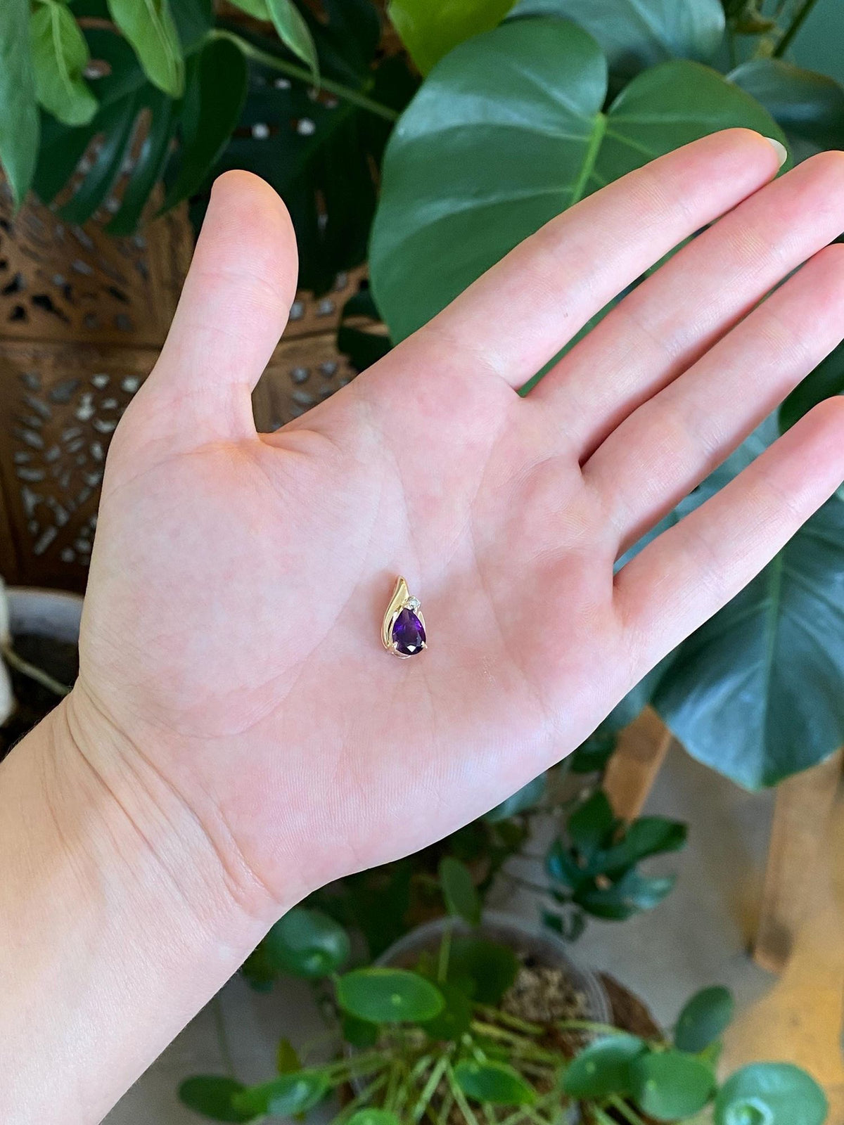 Vintage Solid 14k Yellow Gold Diamond Amethyst Teardrop Charm