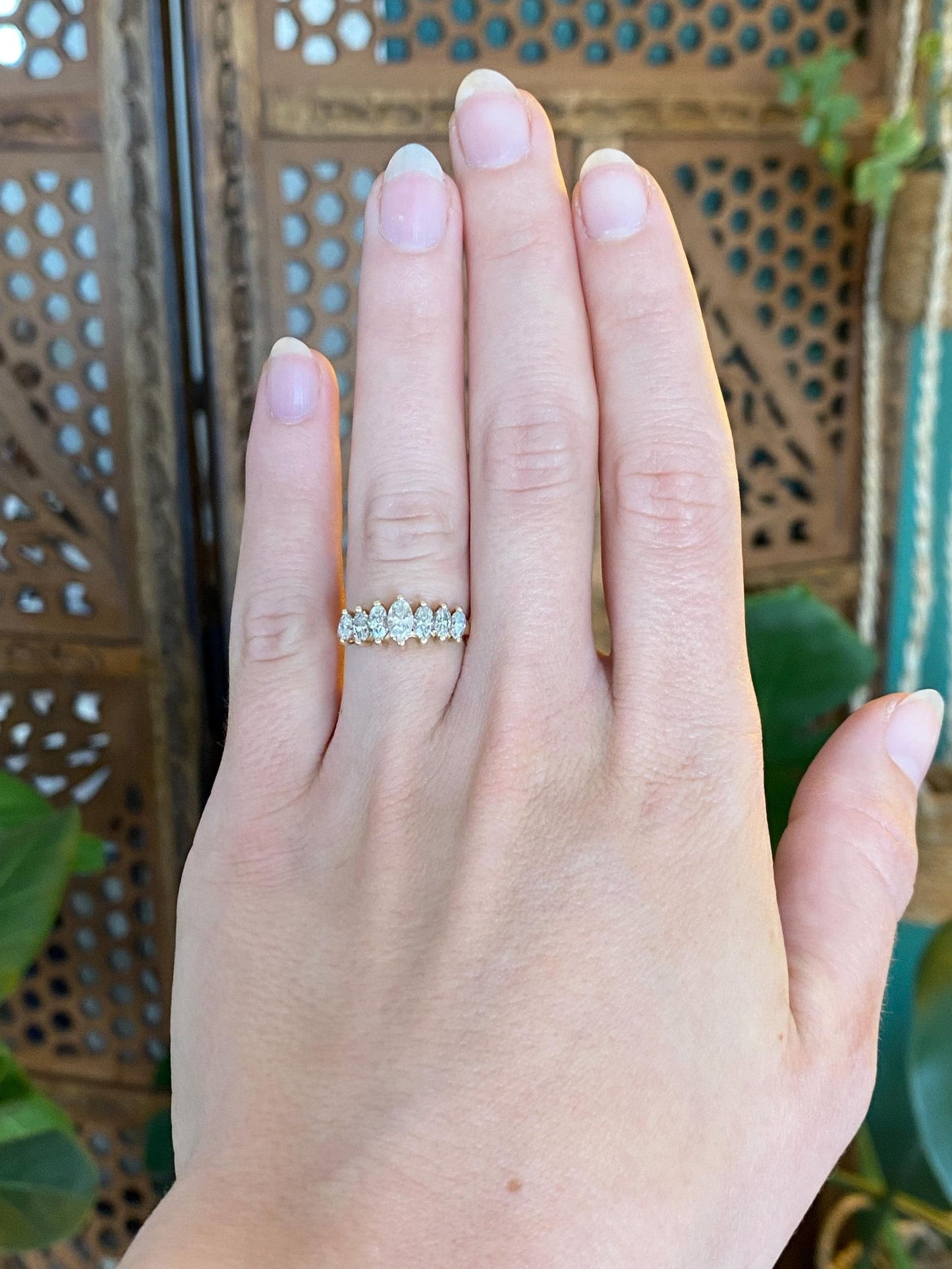 Vintage Solid 14k Yellow Gold Marquis Diamond Row Ring - Size 4.75