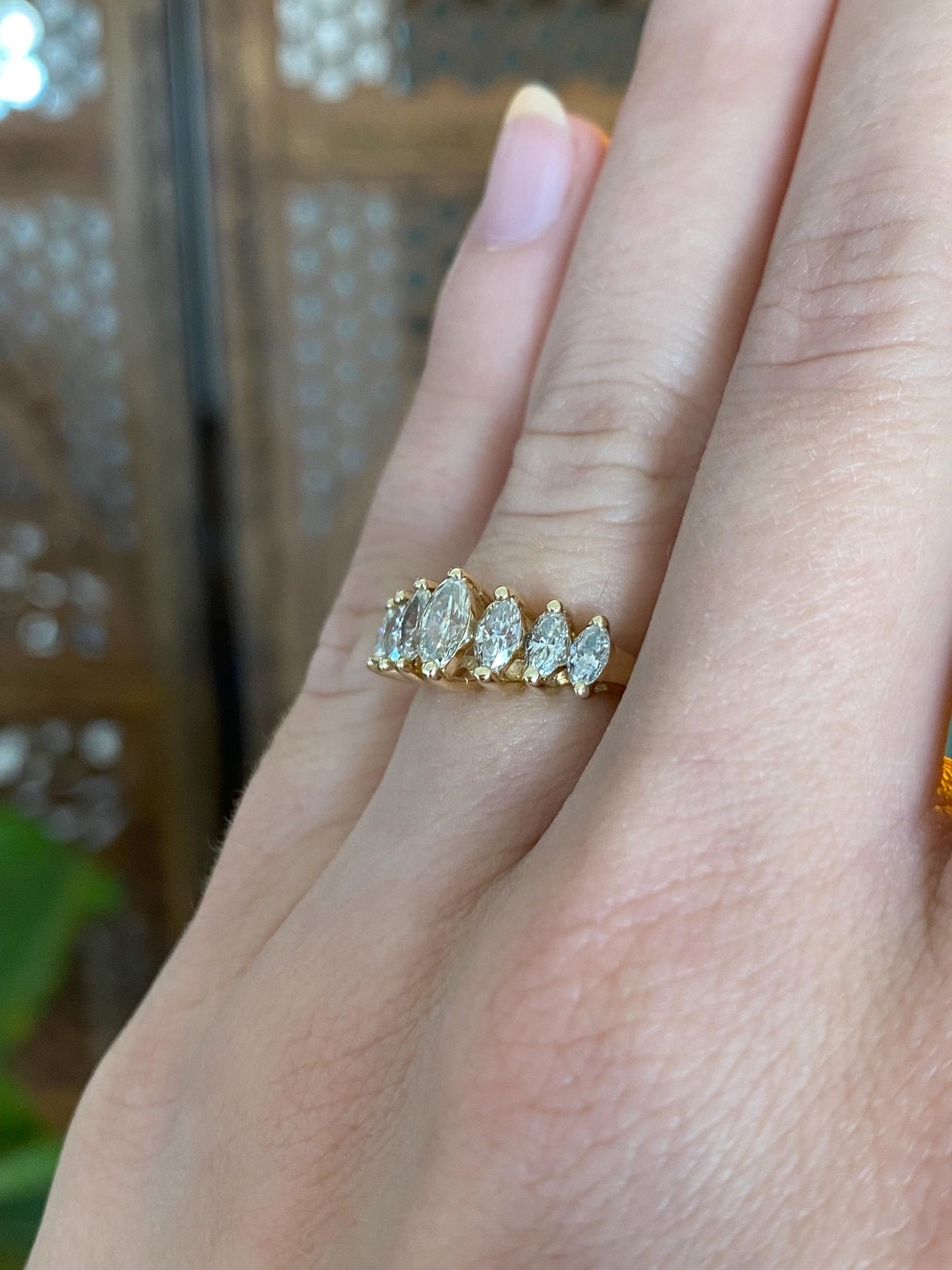 Vintage Solid 14k Yellow Gold Marquis Diamond Row Ring - Size 4.75