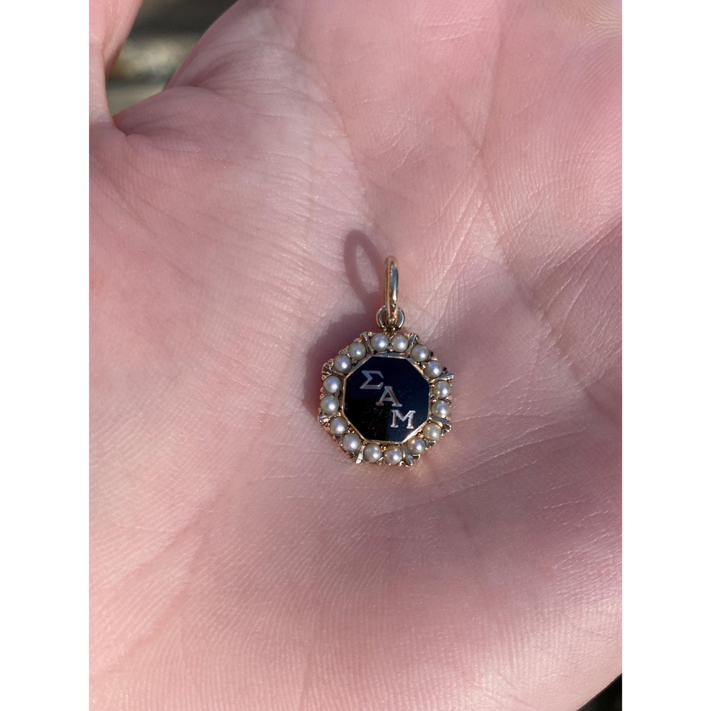 Vintage Solid 10k Yellow Gold Black Enamel Seed Pearl Halo Fraternity Charm