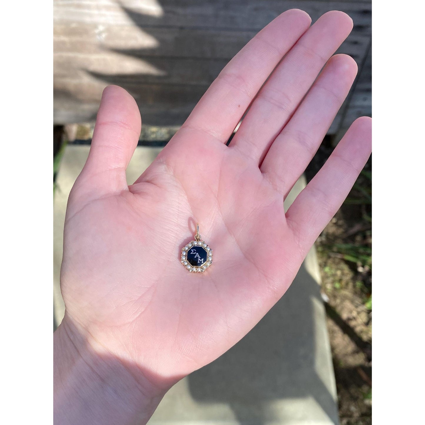 Vintage Solid 10k Yellow Gold Black Enamel Seed Pearl Halo Fraternity Charm