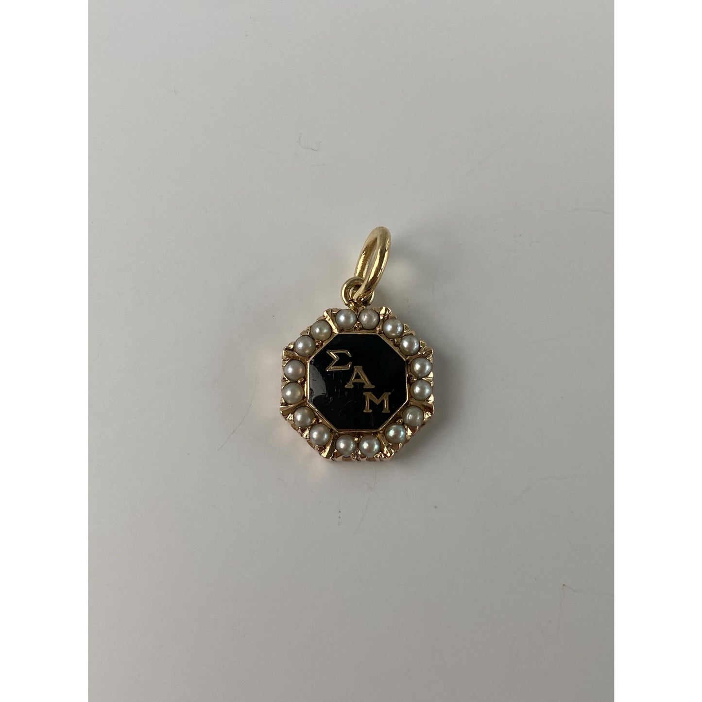 Vintage Solid 10k Yellow Gold Black Enamel Seed Pearl Halo Fraternity Charm