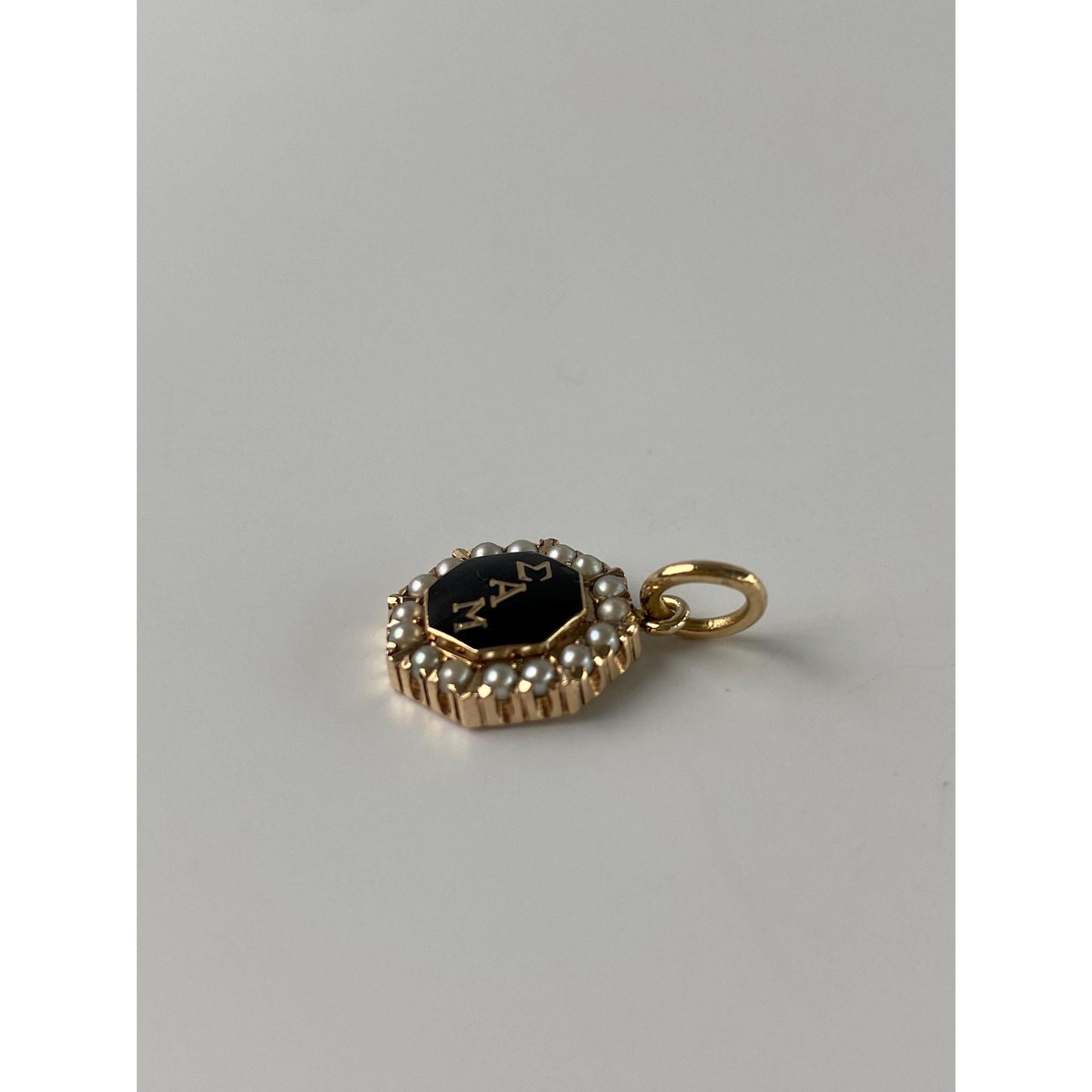 Vintage Solid 10k Yellow Gold Black Enamel Seed Pearl Halo Fraternity Charm