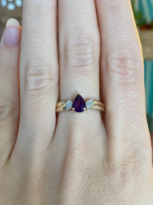Vintage Solid 10k White & Yellow Gold Diamond Amethyst Teardrop Ring - Size 8.5