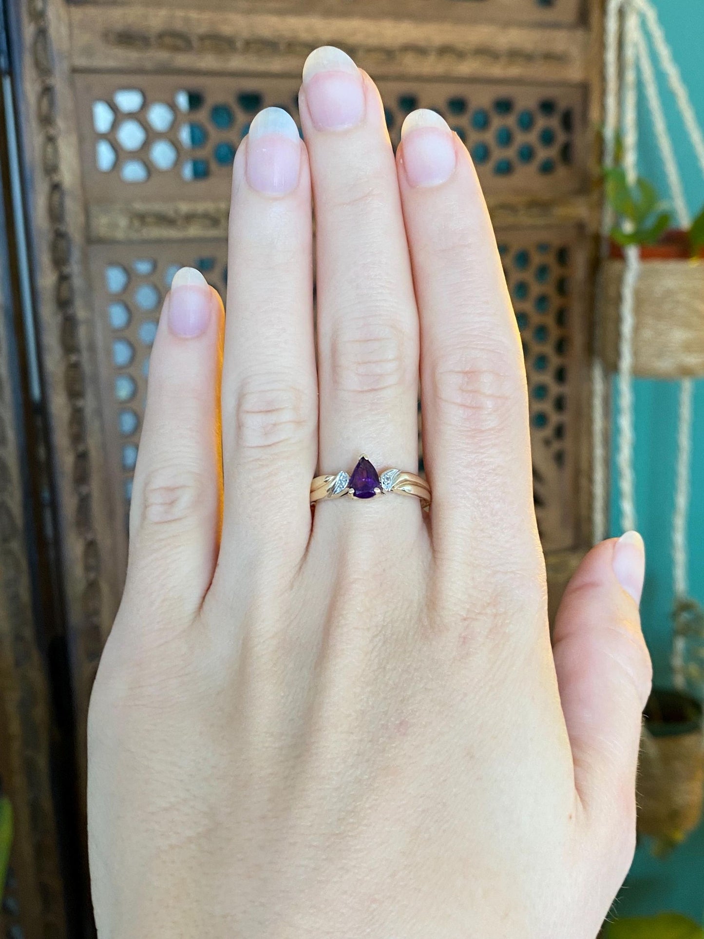 Vintage Solid 10k White & Yellow Gold Diamond Amethyst Teardrop Ring - Size 8.5