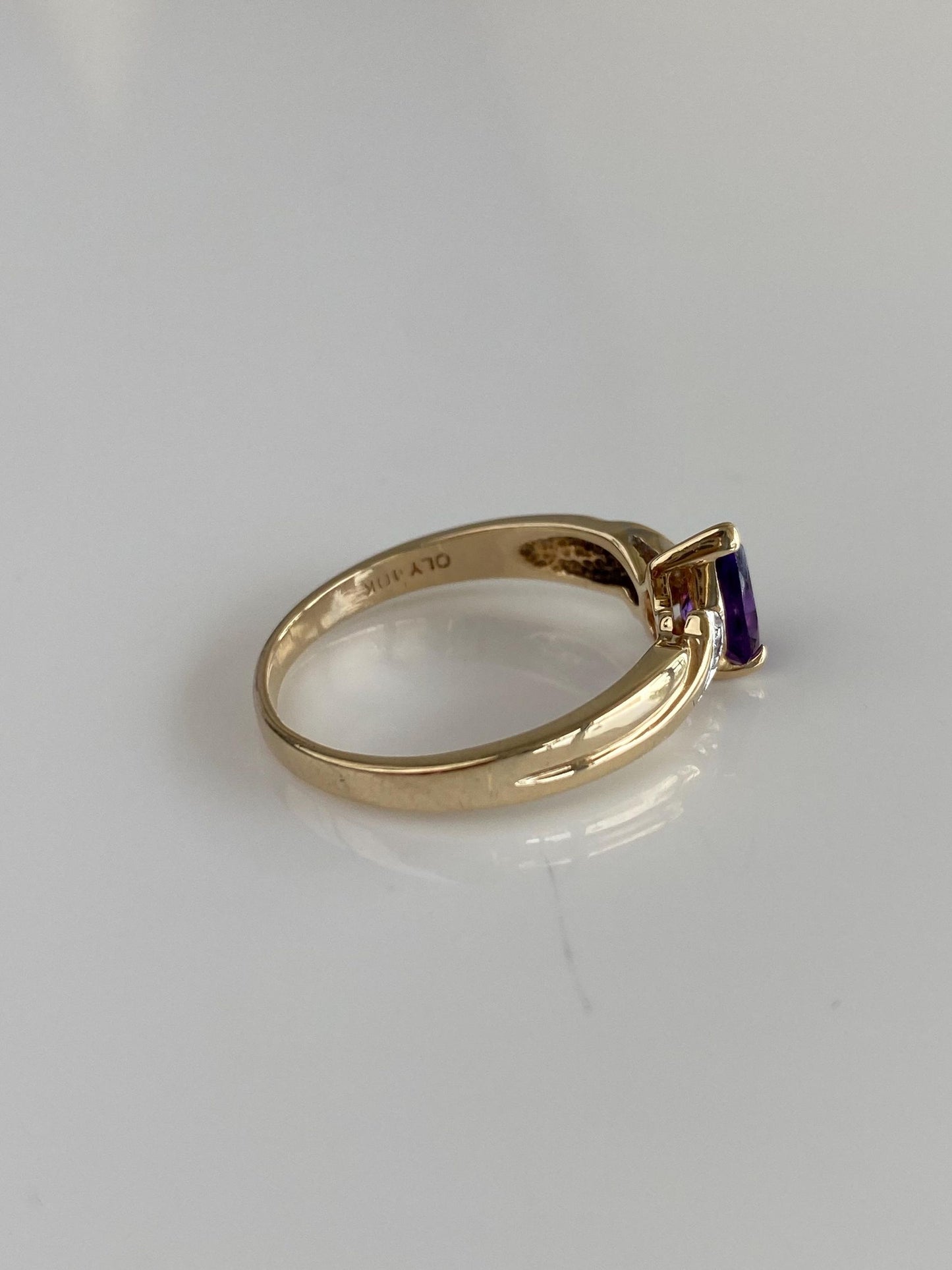 Vintage Solid 10k White & Yellow Gold Diamond Amethyst Teardrop Ring - Size 8.5