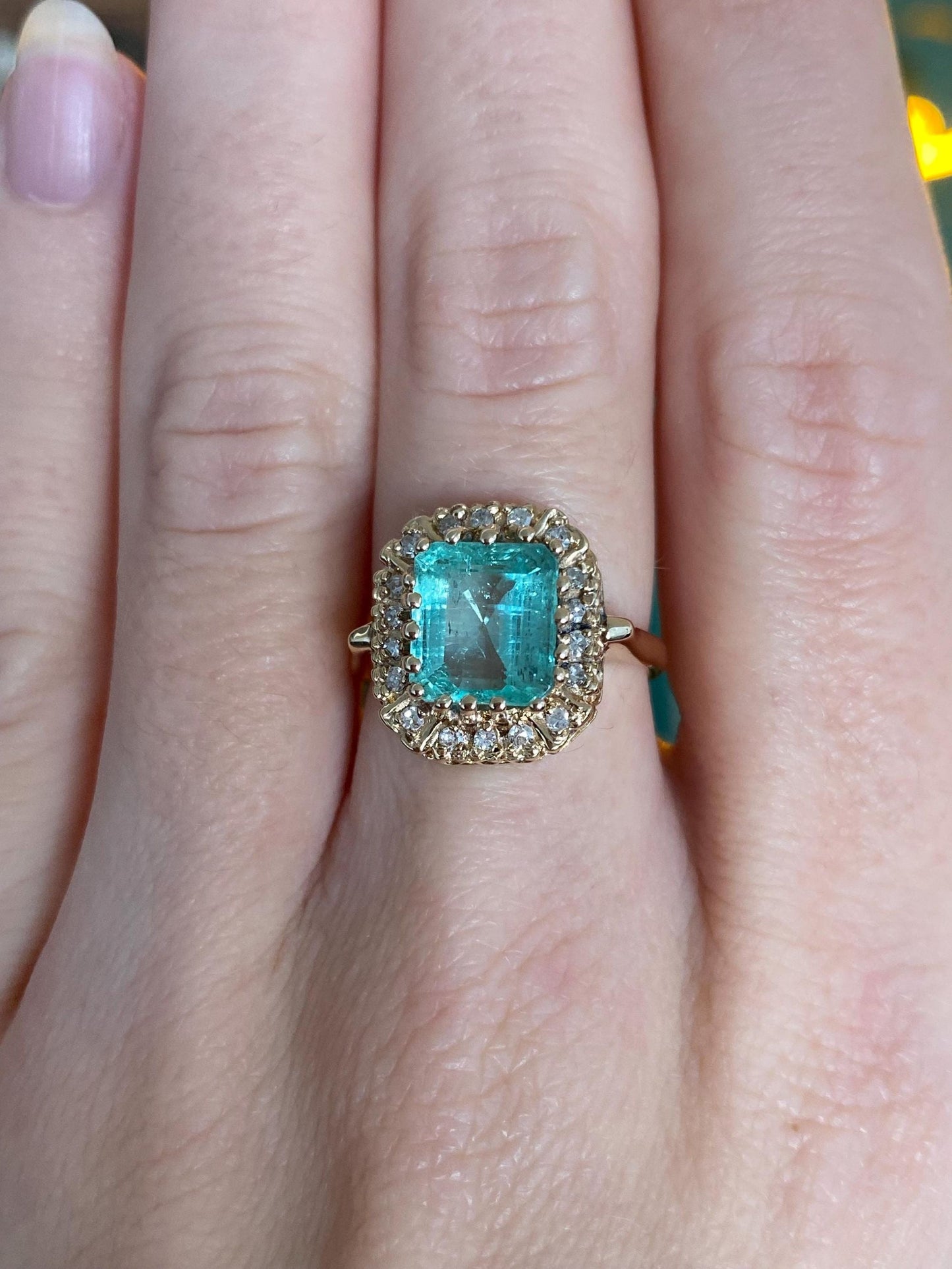 Vintage Solid 14k Yellow Gold Diamond Halo Emerald Ring - Size 5.5